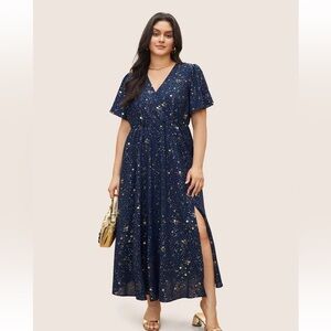 BloomChic Plus Size Star Button Pocket Wrap Split Ruffles Maxi Dress